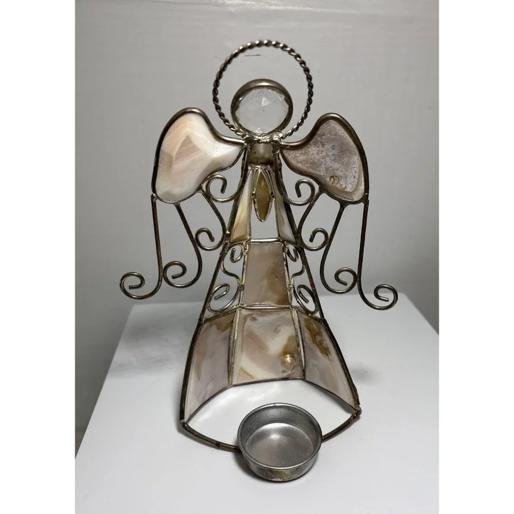 Set Of 3 Angel Figurines With Stained Glass Gold Mesh & Ceramic Design - Picture 8 of 8